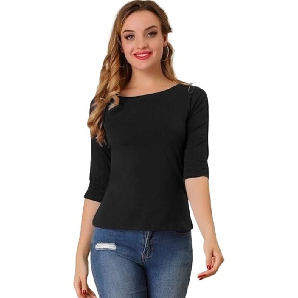 Allegra K Women's Casual Round Neck Elbow Sleeve T Shirts Blouses Tops Sz XXL